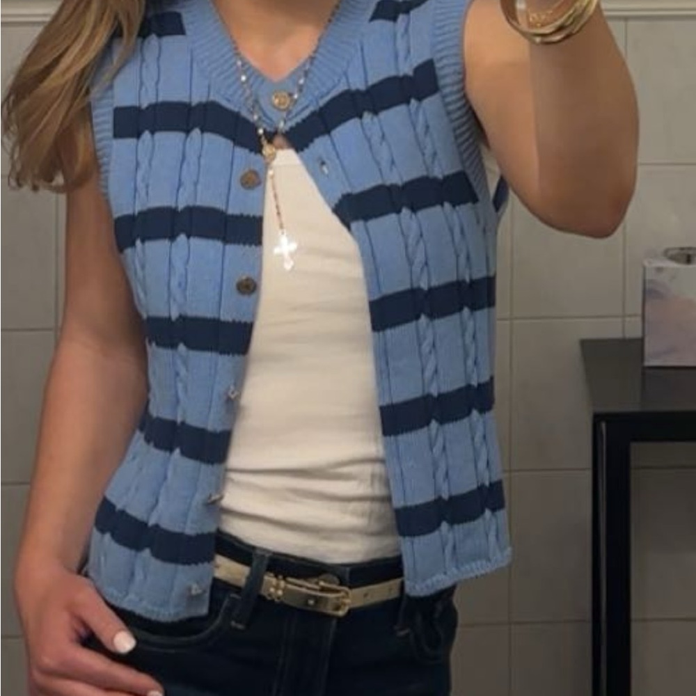 Zara Blue and Navy Striped Cardigan Vest